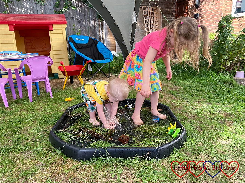 Thomas and Sophie paddling in the 'dinosaur swamp' tuff tray