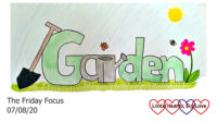 The word 'garden' as a doodle - the 'ar' is drawn in the shape of a watering can and there is a spade leaning against the 'G'