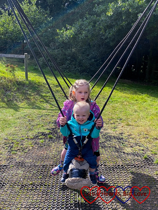 Sophie and Thomas on the rope swing at Chiltern Open Air Museum