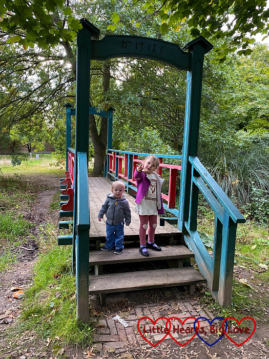 Sophie and Thomas standing on the steps on the Japanese bridge at Langley Park