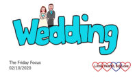 The word 'wedding' in aqua with a cartoon bride and groom on top of the 'ed'
