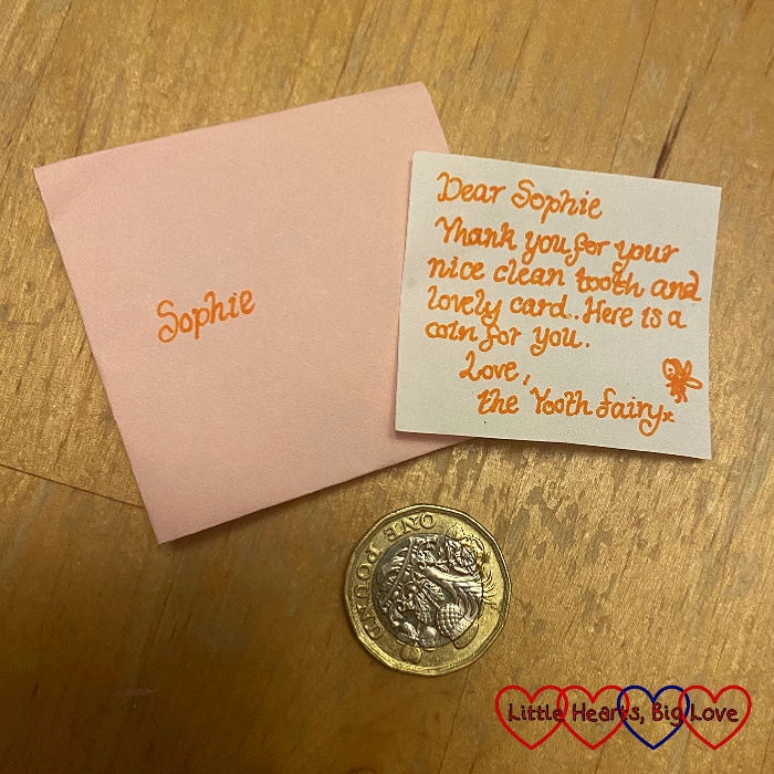 A letter from the tooth fairy with a coin