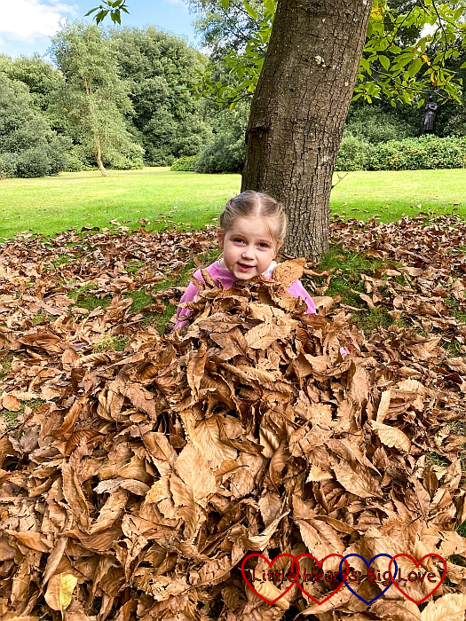 Sophie burying herself under a pile of brown leaves