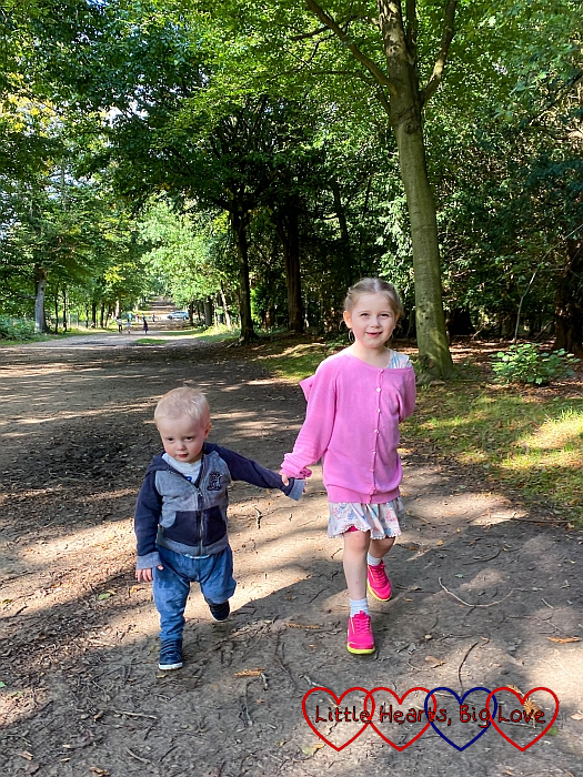 Thomas and Sophie walking hand-in-hand through the woodlands at Cliveden