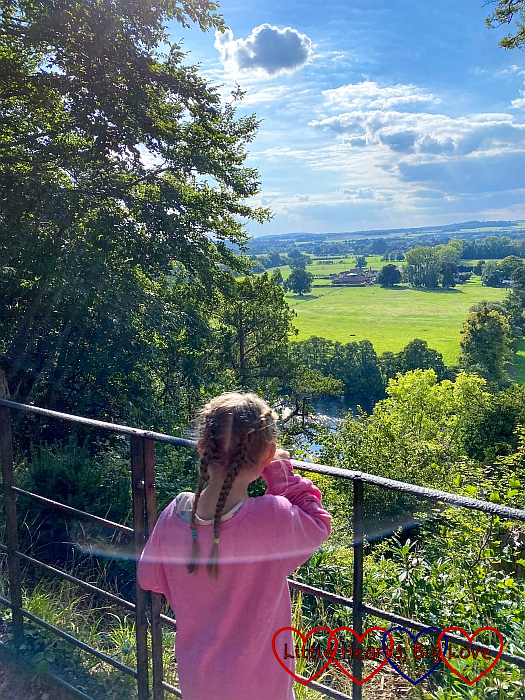 Sophie looking at the view of the Thames from the Duke's Seat at Cliveden