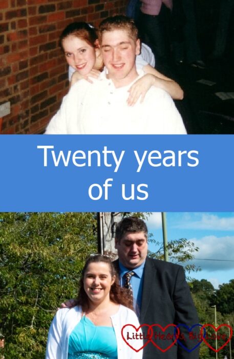 (top) Me and my husband when we first got together; (bottom) me and my husband at my sister's wedding last month - "Twenty years of us"