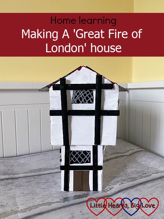 A model of a 1666 house made from cardboard boxes and craft sticks - "Home learning: making a 'Great Fire of London' house