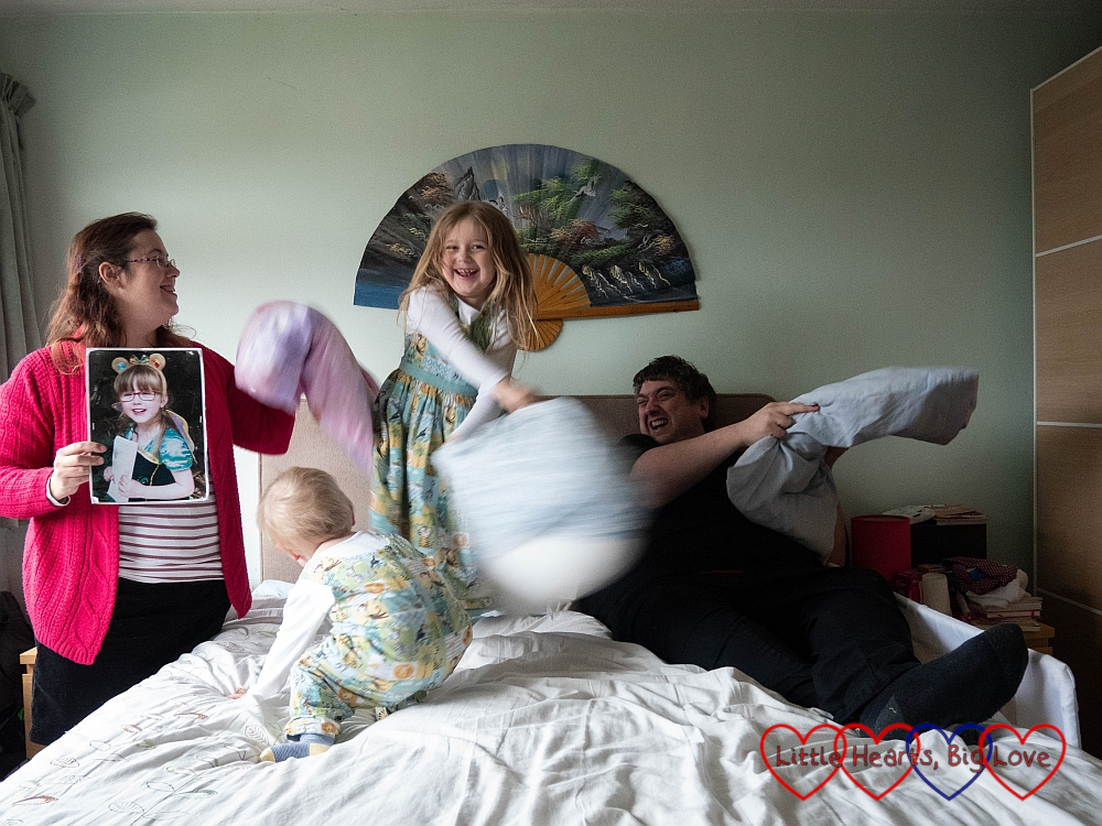 Me (holding a photo of Jessica), Sophie, Thomas and Daddy having a pillow fight