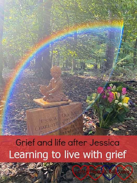 The carving of Jessica at her forever bed with a ray of sunshine making a rainbow arc around it - "Grief and life after Jessica: Learning to live with grief"