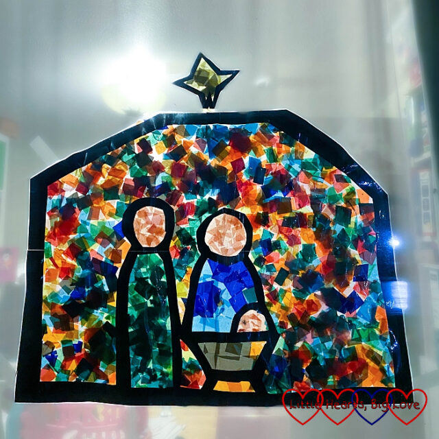 Crafting with kids Tissue paper ‘stainedglass’ Nativity scene