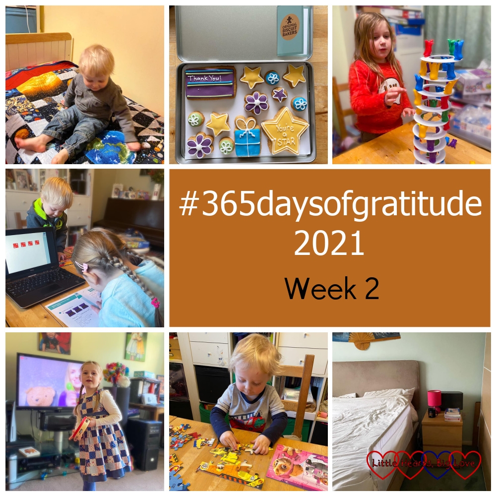 Thomas sitting on his toddler bed; a tin of iced gingerbread biscuits; Sophie playing a penguin tower balancing game; Sophie doing her school work; Sophie watching Tiny Talk on the TV; Thomas doing PAW Patrol jigsaws at the table; the bed guard on my bed - "#365daysofgratitude 2021 - Week 2"