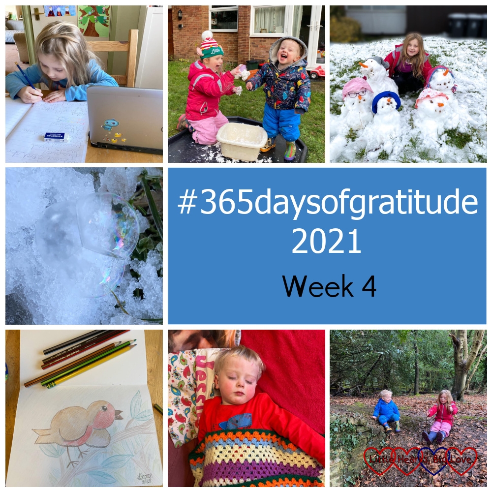 Sophie doing her home learning; Sophie and Thomas playing with fake snow; Sophie with her snow family; frozen bubbles on the snow; a drawing of a robin; Thomas asleep on the sofa; Thomas and Sophie sliding down a muddy slope - "#365daysofgratitude 2021 - Week 4"