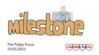 The word 'milestone' with a cartoon of Thomas standing in front of his cot