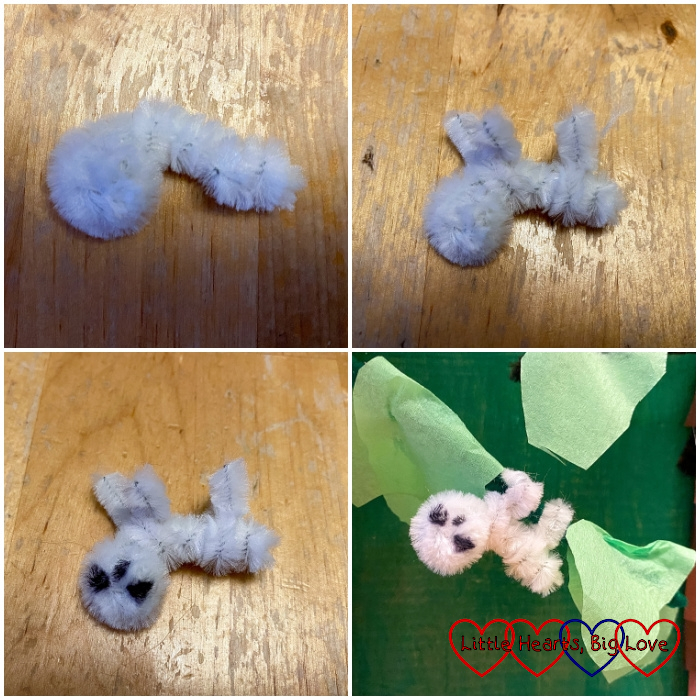 Four pictures showing how to make a pipe-cleaner sloth