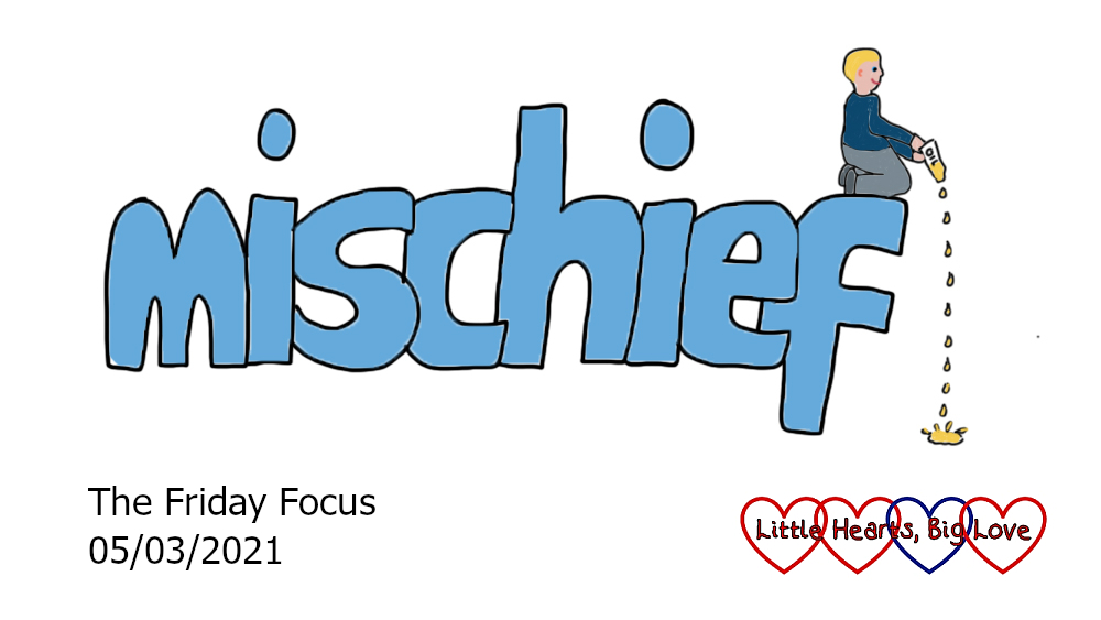 The word 'mischief' with a doodle of Thomas sitting on the 'f' holding a bottle of oil upside down with it dripping down and creating a puddle