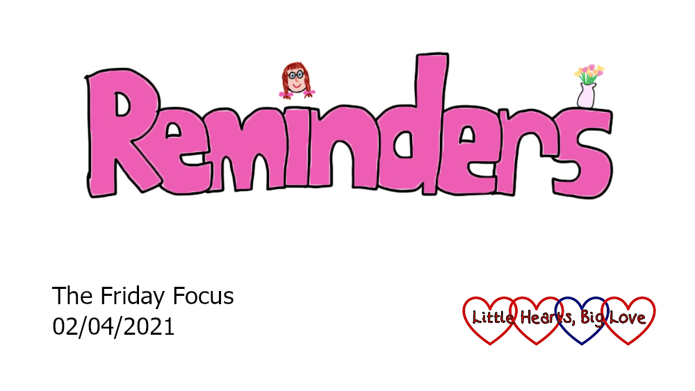 The word 'reminders' in pink with a picture of Jessica as the dot above the 'i' and a doodle of a vase of flowers on the 's'