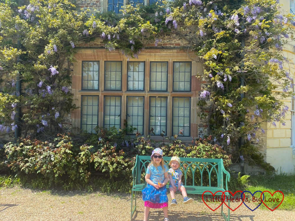 Sophie and Thomas sitting on a bench under a wisteria-surrounded window at Greys Court