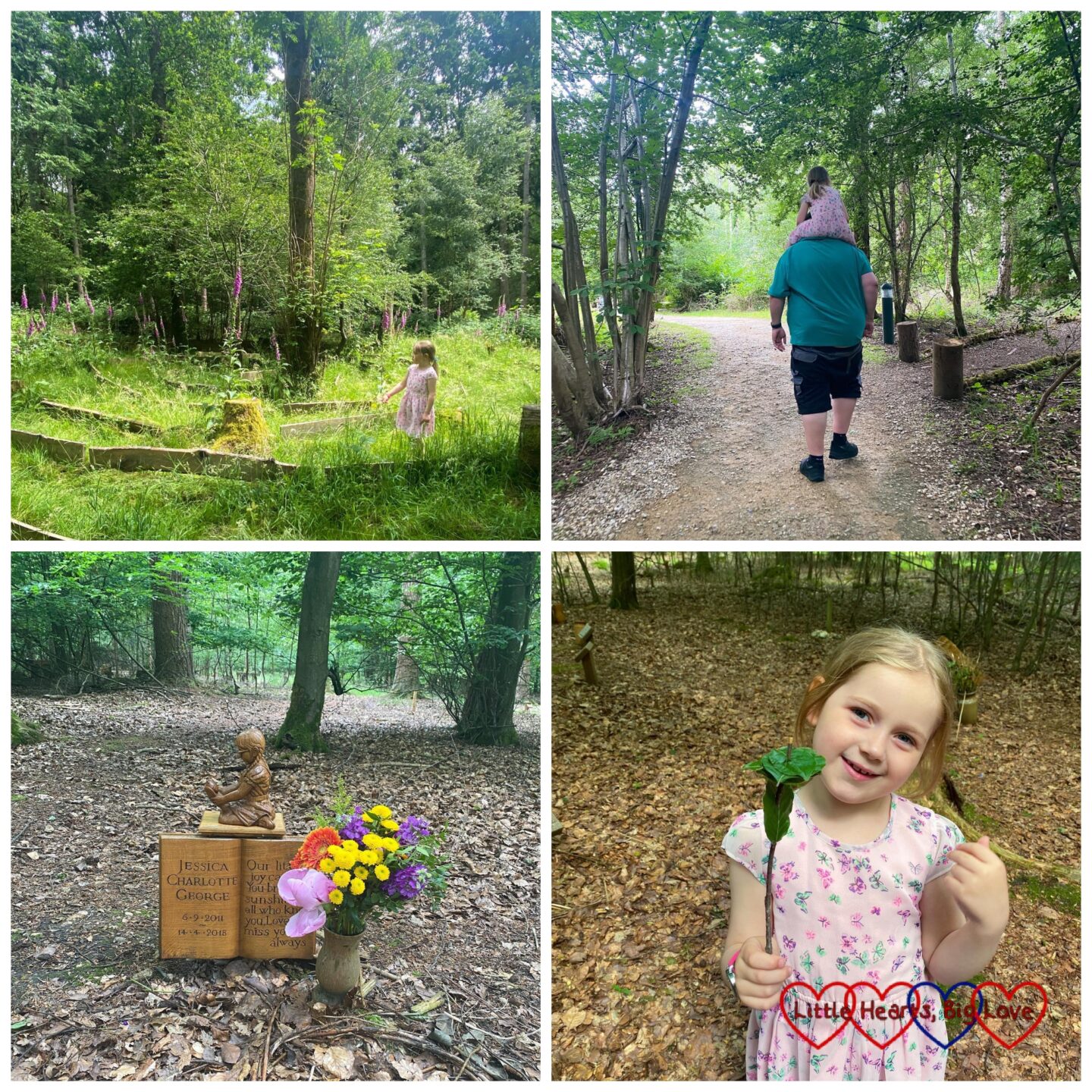 Sophie exploring the labyrinth at GreenAcres; Sophie riding on Daddy's shoulders; Jessica's forever bed with fresh flowers in her vase; Sophie holding up her nature wand