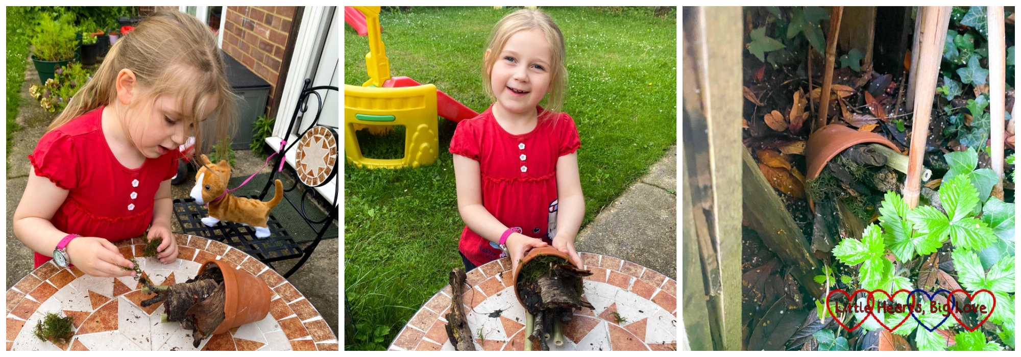 Sophie making a bug hotel; Sophie with her finished bug hotel; the bug hotel in the garden