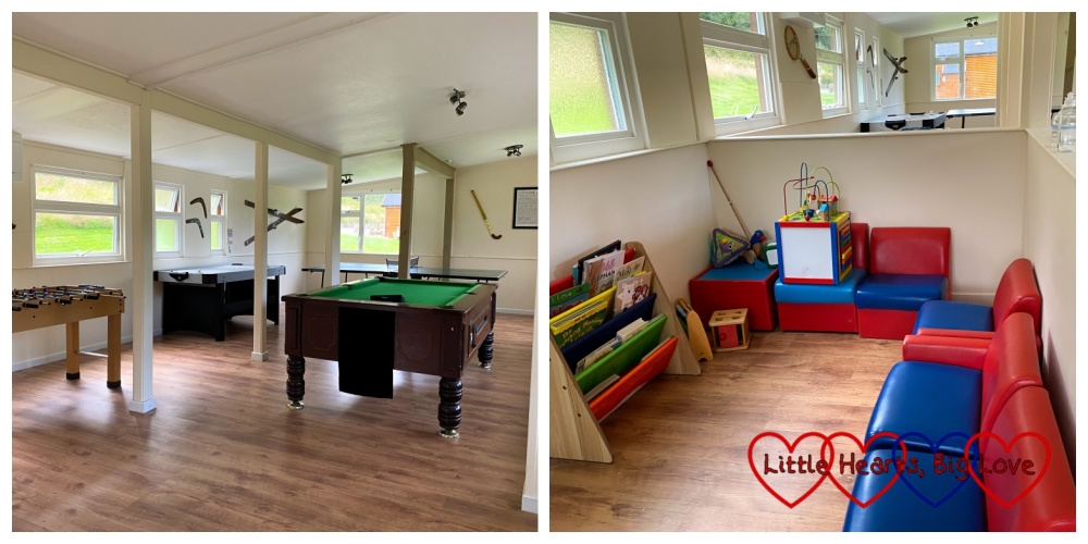 Two photos showing the games room at Coombe Mill with the pool table, air hockey and reading nook
