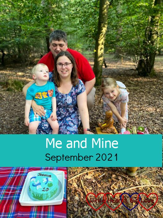 Thomas, me, hubby and Sophie at Jessica's forever bed on Jessica's 10th birthday with her birthday cake on a picnic rug in front of us - "Me and Mine - September 2021"