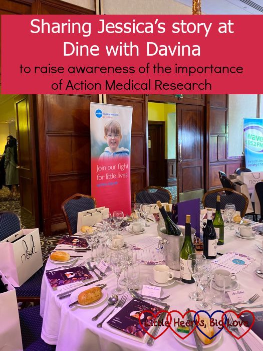 Jessica's banner in the background of tables and chairs set up for the Dine with Davina event - "Sharing Jessica’s story at Dine with Davina to raise awareness of the importance of Action Medical Research"