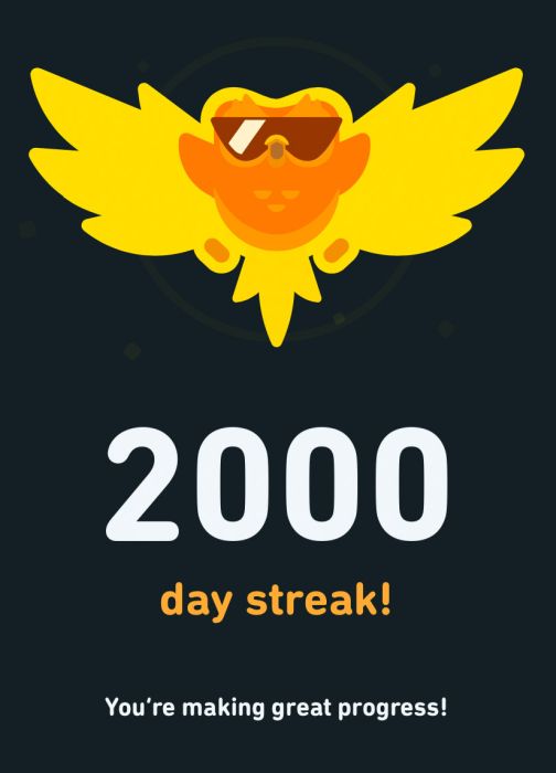 A Duolingo badge for a 2000 day streak