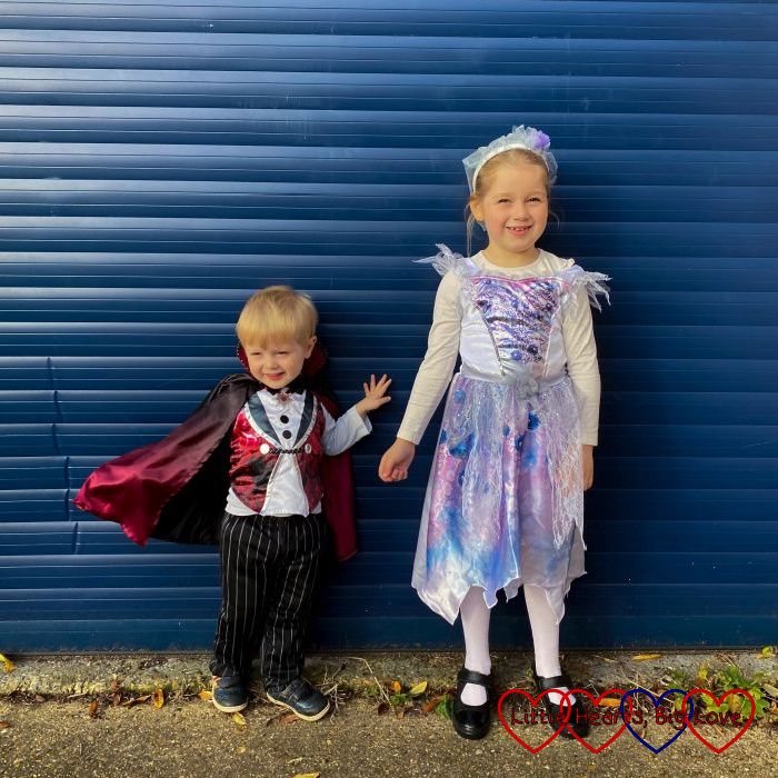 Thomas dressed as a vampire and Sophie dressed as a ghostly bride
