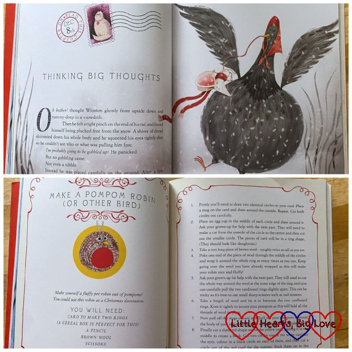Two pages from 'How Winston Delivered Christmas' showing the start of the chapter for 8th December and an activity to make a pompom robin