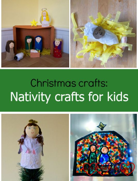 A shoebox nativity scene with paper cup and polystyrene ball figures; a paper bowl manger filled with shredded tissue paper and a cardboard tube baby Jesus; a Jessica angel on the top of a tree; a 'stained-glass' nativity scene made from tissue paper, black cardboard and contact paper, in a window - "Christmas crafts: nativity crafts for kids"