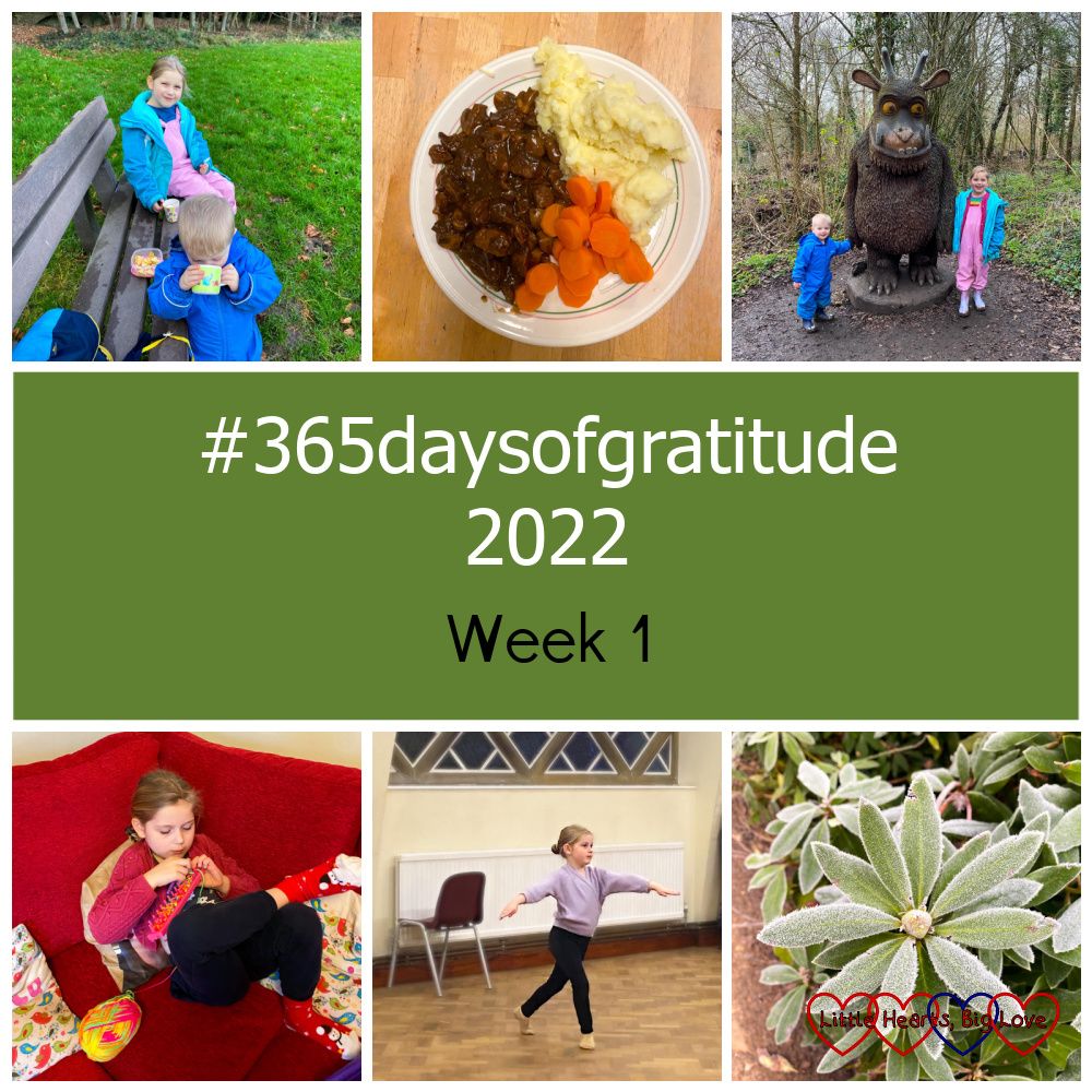 Sophie and Thomas sitting on a bench drinking hot chocolate; beef and stout stew, cheesy mash and carrots on a plate; Sophie and Thomas standing either side of a Gruffalo sculpture; Sophie sitting on a red corner sofa weaving coloured wool on a loom; Sophie at her dance class; frosty rhododendron leaves - "#365daysofgratitude 2022 - Week 1"
