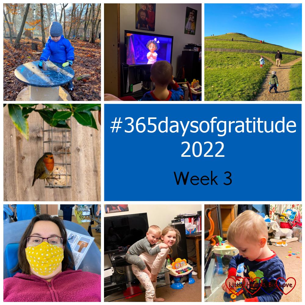 Thomas drawing on a wooden cable reel with chalk; Thomas watching 'Encanto'; Thomas, Sophie and Daddy walking up a hill; a robin on a fat ball bird feeder; me giving blood; Sophie giving Thomas a piggyback; Thomas playing with magnetic letters - "#365daysofgratitude 2022 - Week 3"