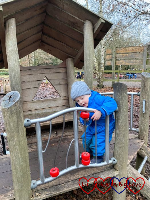 Thomas playing on a mini climbing frame at the park