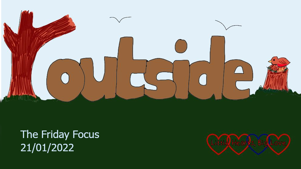 The word 'outside' with green grass below it and a doodle of a tree next to it