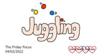 The word juggling with four balls drawn above the word