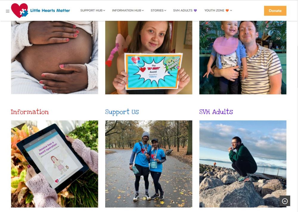 The home page of the new Little Hearts Matter website with a photo of 'Jessica has a heart operation' on the bottom left corner