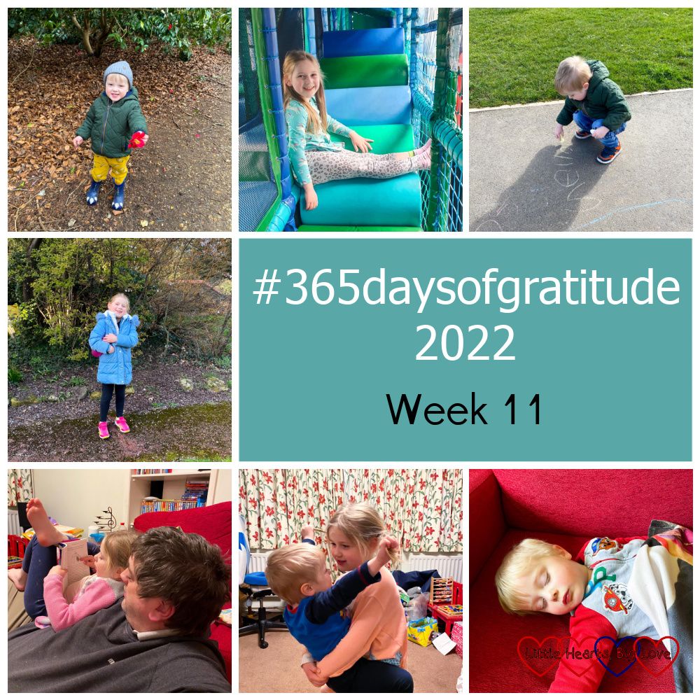 Thomas holding a red rhododendron flower and a pine-cone; Sophie sitting in a soft play area on a party bus; Thomas writing 'yellow' with yellow chalk on the pavement; Sophie standing in front of a tree; Sophie sitting on Daddy's lap reading a book; Sophie and Thomas hugging each other; Thomas asleep on the sofa - "#365daysofgratitude 2022 - Week 11"