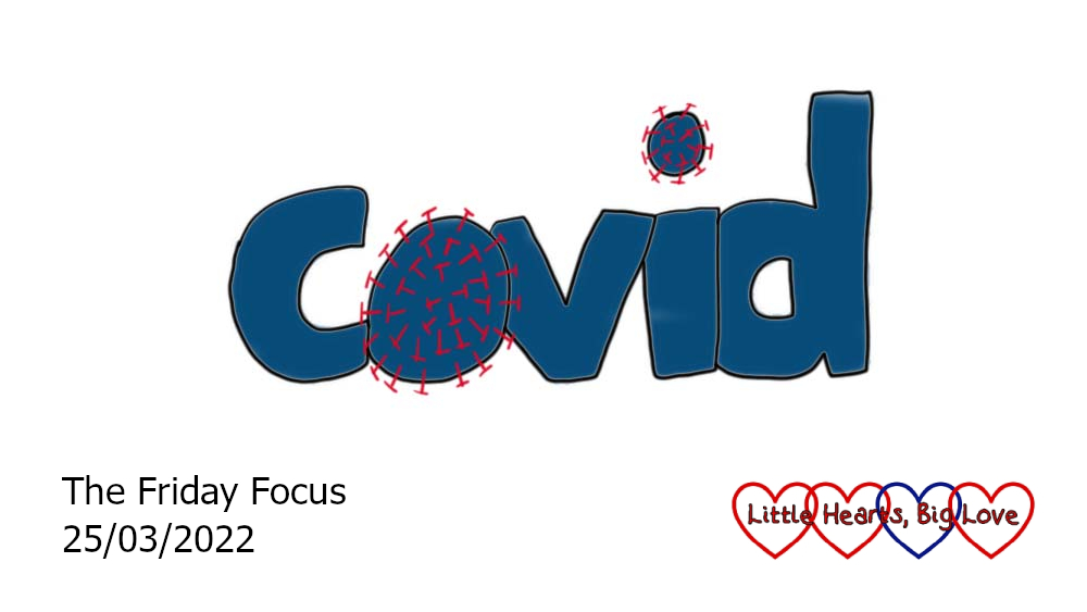 The word 'Covid' with the 'o' and the dot over the 'i' drawn as Covid viruses
