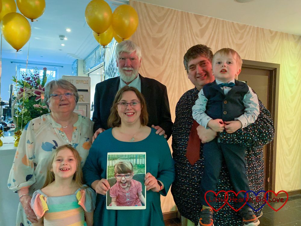 Me, Thomas, hubby and Sophie (holding a photo of Jessica) with Grandma and Grandad at their golden wedding party