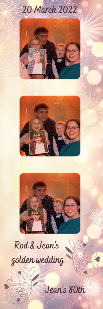 Photo booth photos showing Me, Thomas, hubby and Sophie (holding a photo of Jessica) at Grandma and Grandad's golden wedding party