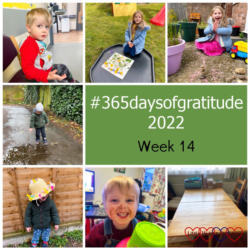 Thomas sitting in A&E; Sophie making a nature collage; Sophie with a stack of nine pebbles in front of her; Thomas throwing sticks in a puddle; Thomas wearing his Easter hat; a smiley Thomas with his face covered in chocolate; a clear dining room table - "#365daysofgratitude 2022 - Week 14"