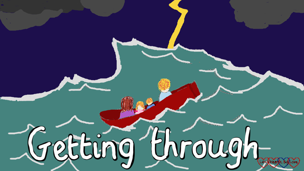 A drawing of a boat with four people in on a stormy sea and the words 'getting through' written underneath