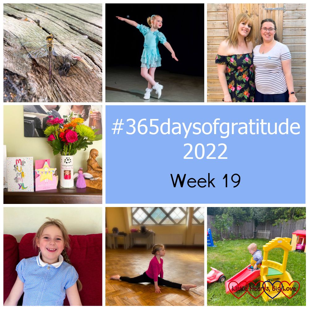 A newly emerged dragonfly on a log; a professional photo of Sophie dancing in her tap solo; me and my twinny; birthday cards on top of my piano; Sophie in her blue-checked school dress; Sophie doing the splits in her dance class; Thomas playing on the small slide in the garden - "#365daysofgratitude 2022 - Week 19"