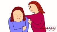 A cartoon image of one woman comforting another