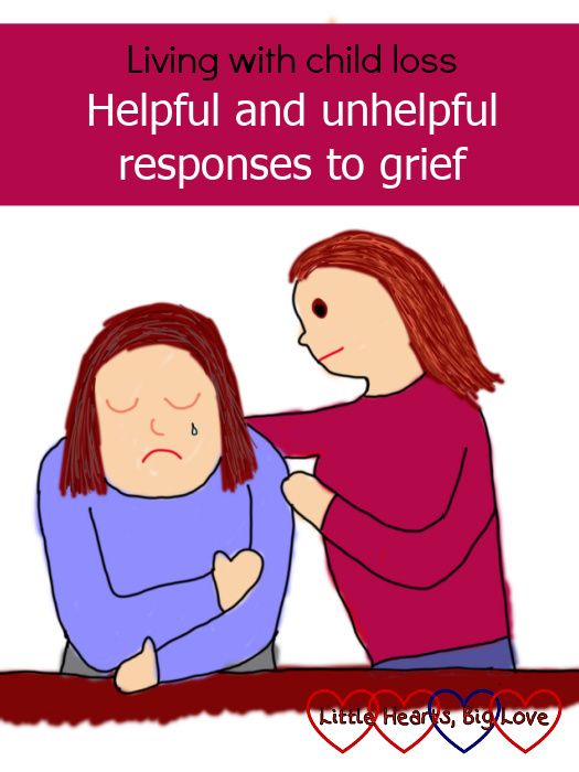 A cartoon image of one woman comforting another - "Living with child loss: helpful and unhelpful responses to grief"