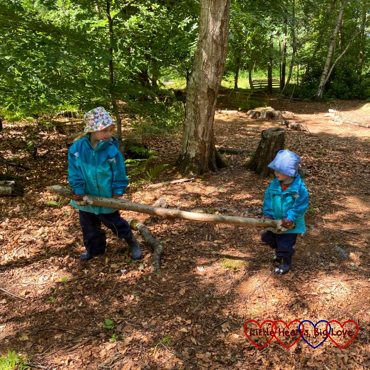 Sophie and Thomas carrying a large branch together at forest school