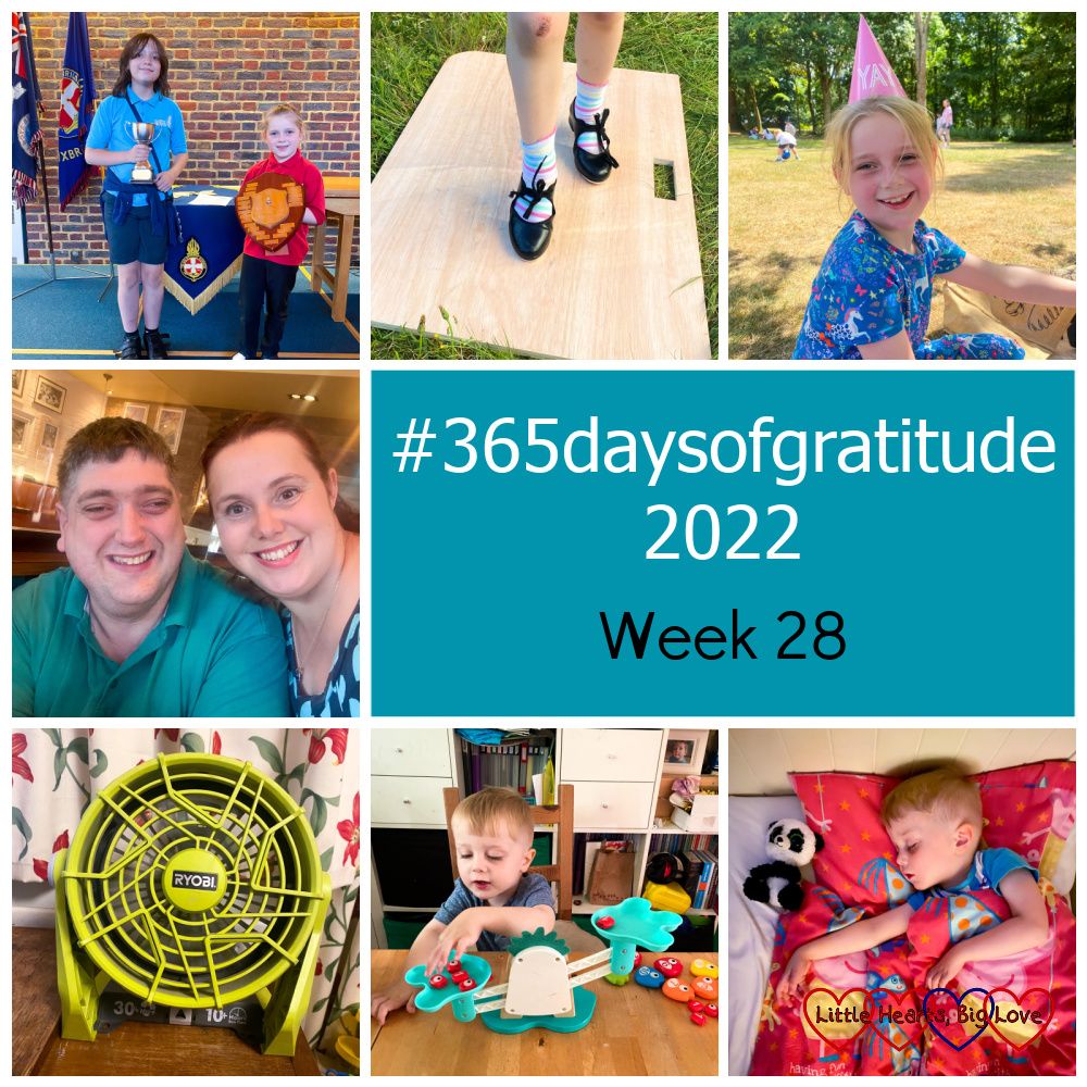 Sophie and my goddaughter with their awards at the Girls' Brigade awards evening; Sophie's feet in her tap shoes on the tap board; Sophie at her dance school picnic; me and hubby on a date night; a green desktop fan; Thomas playing with a set of monster scales; Thomas asleep in his bed - "#365daysofgratitude 2022 - Week 28"