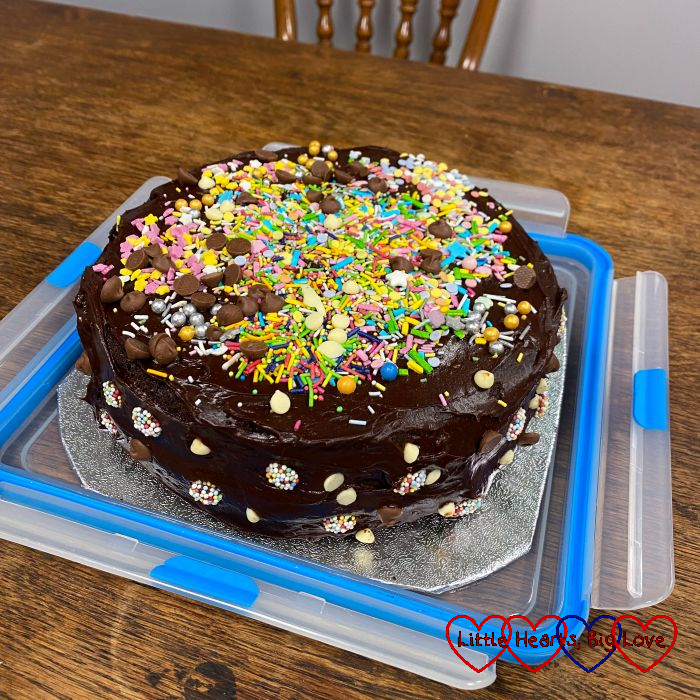 A chocolate birthday cake covered in sprinkles