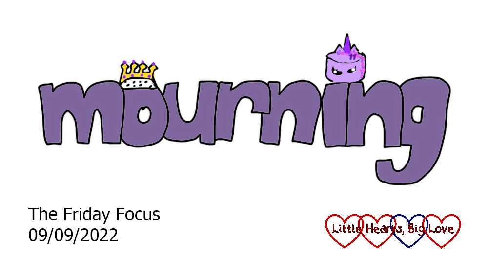 The word 'mourning' in purple with a crown over the 'o' and a purple unicorn cake over the 'i'