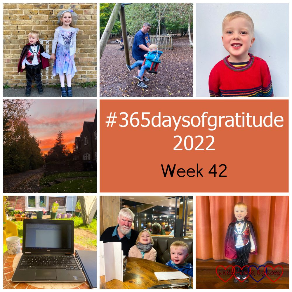 Sophie and Thomas in Halloween costumes; Daddy pushing Thomas on the swings at the park; Thomas with his new haircut; a sunset sky; my laptop on the garden table; Sophie and Thomas with Grandad; Thomas wearing a vampire costume at ballet - "#365daysofgratitude 2022 - week 42"